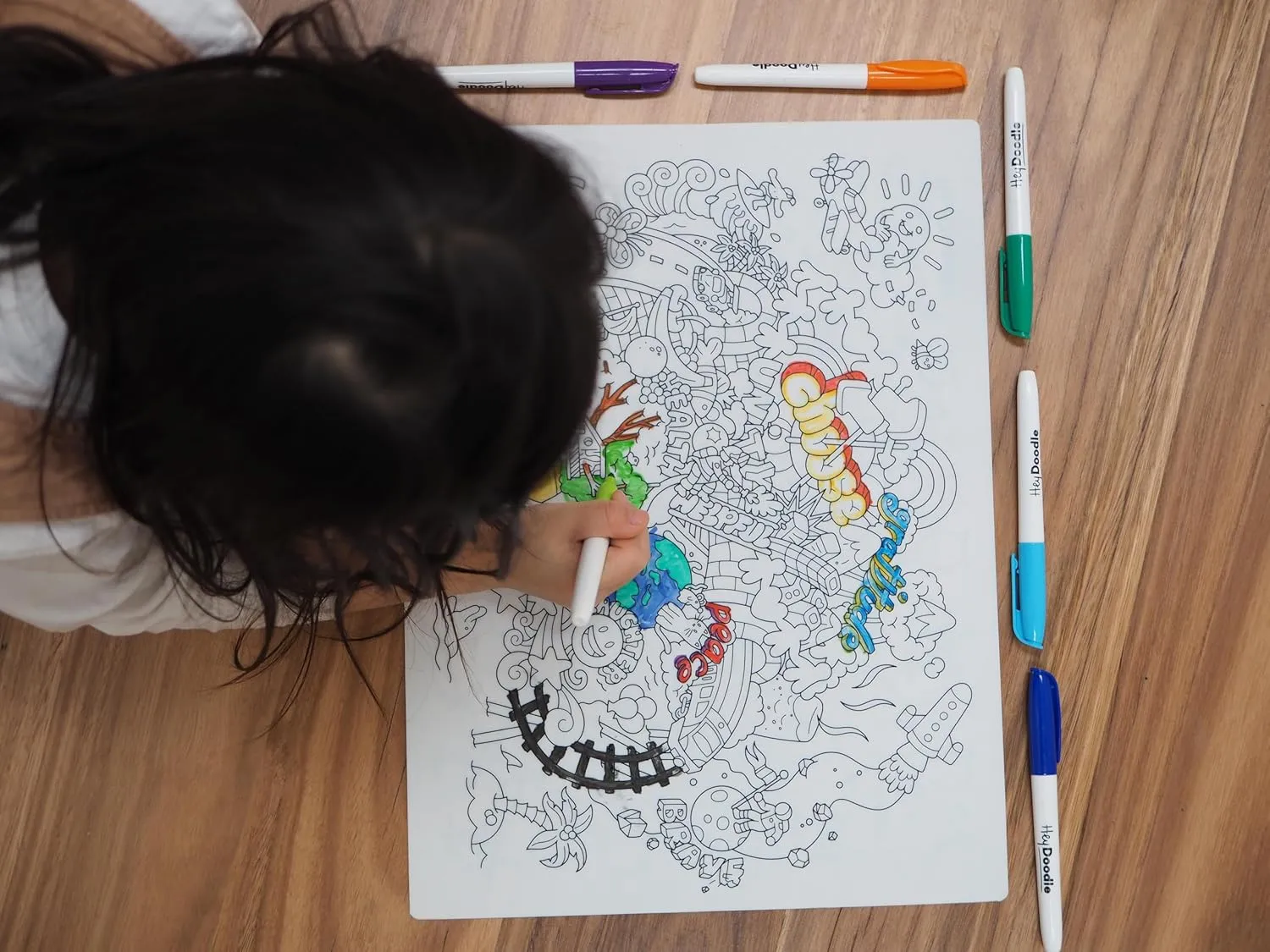 Hey Doodle Brighter Days Classic Doodle Mat – Reusable Silicone Coloring Mat for Toddlers and Kids – Educational Affirmation Activity Pad with 9 Markers – Mess-Free Travel Toy – Ages 3-7