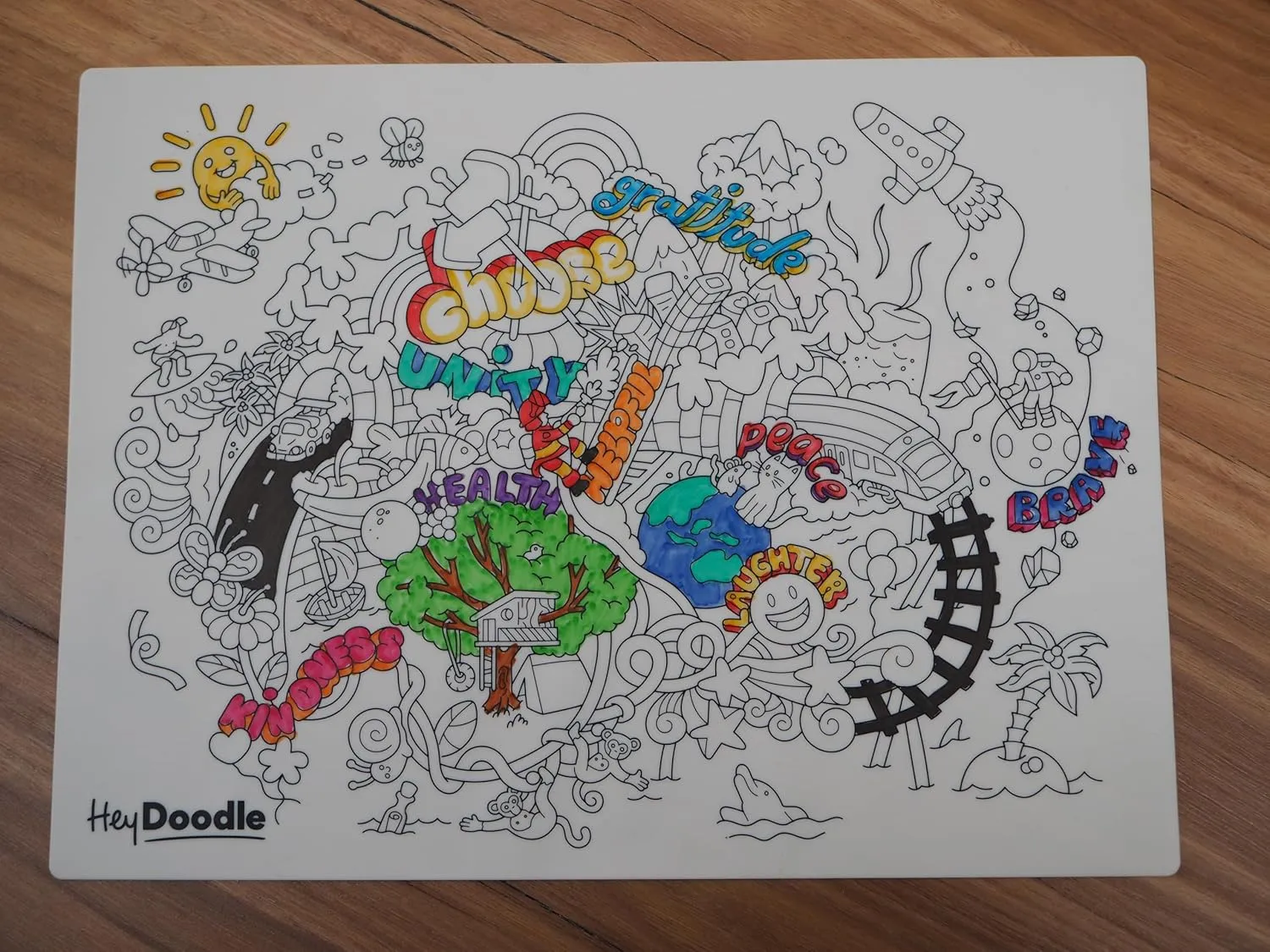 Hey Doodle Brighter Days Classic Doodle Mat – Reusable Silicone Coloring Mat for Toddlers and Kids – Educational Affirmation Activity Pad with 9 Markers – Mess-Free Travel Toy – Ages 3-7