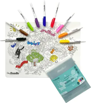 Hey Doodle Brighter Days Classic Doodle Mat – Reusable Silicone Coloring Mat for Toddlers and Kids – Educational Affirmation Activity Pad with 9 Markers – Mess-Free Travel Toy – Ages 3-7
