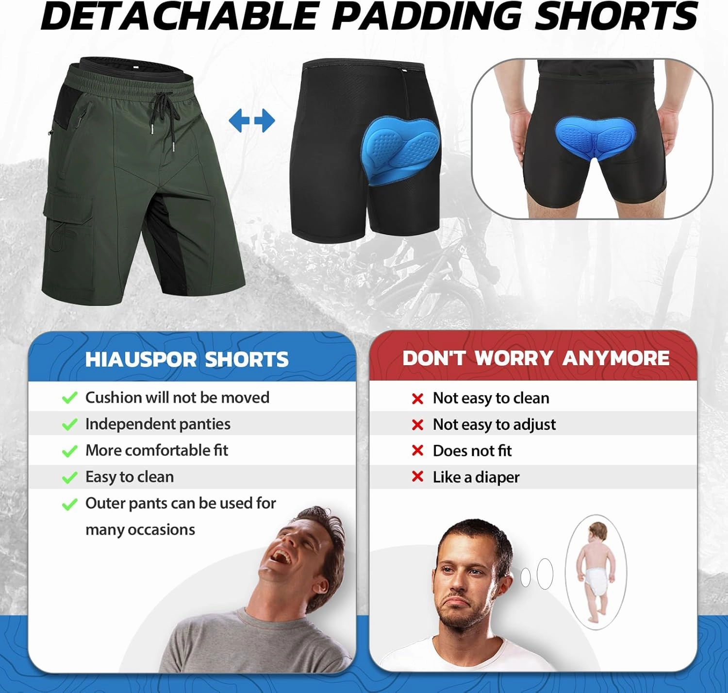 Hiauspor Men's Padded Mountain Bike Shorts Loose Fit Quick Dry Cycling Shorts Biking for Men with 5 Pockets