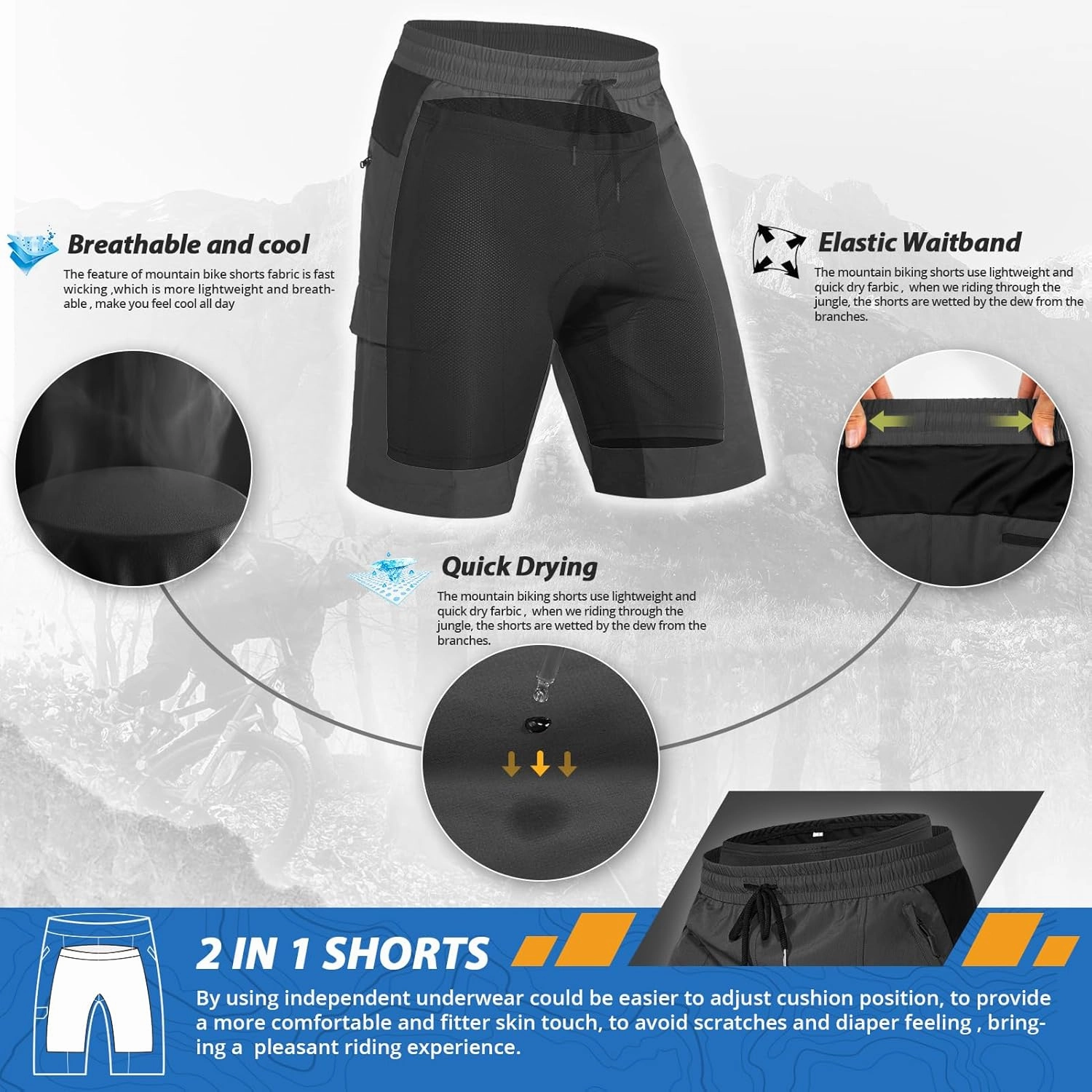 Hiauspor Men's Padded Mountain Bike Shorts Loose Fit Quick Dry Cycling Shorts Biking for Men with 5 Pockets