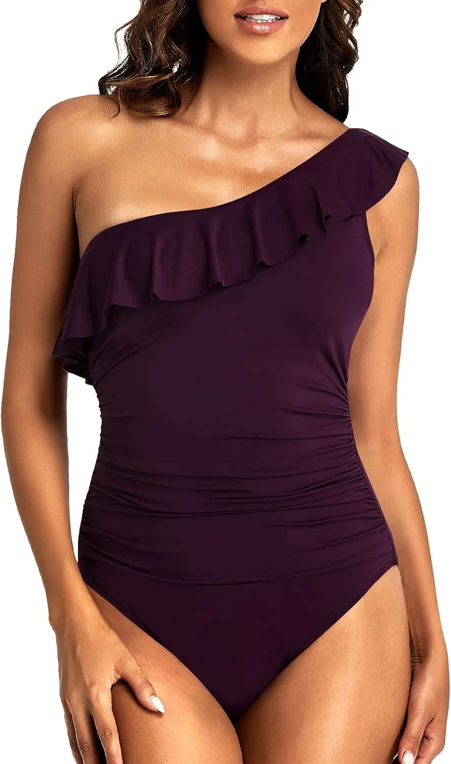 Hilor Women's One Shoulder One Piece Swimsuits Tummy Control Bathing Suits Ruffled Modest Swimwear