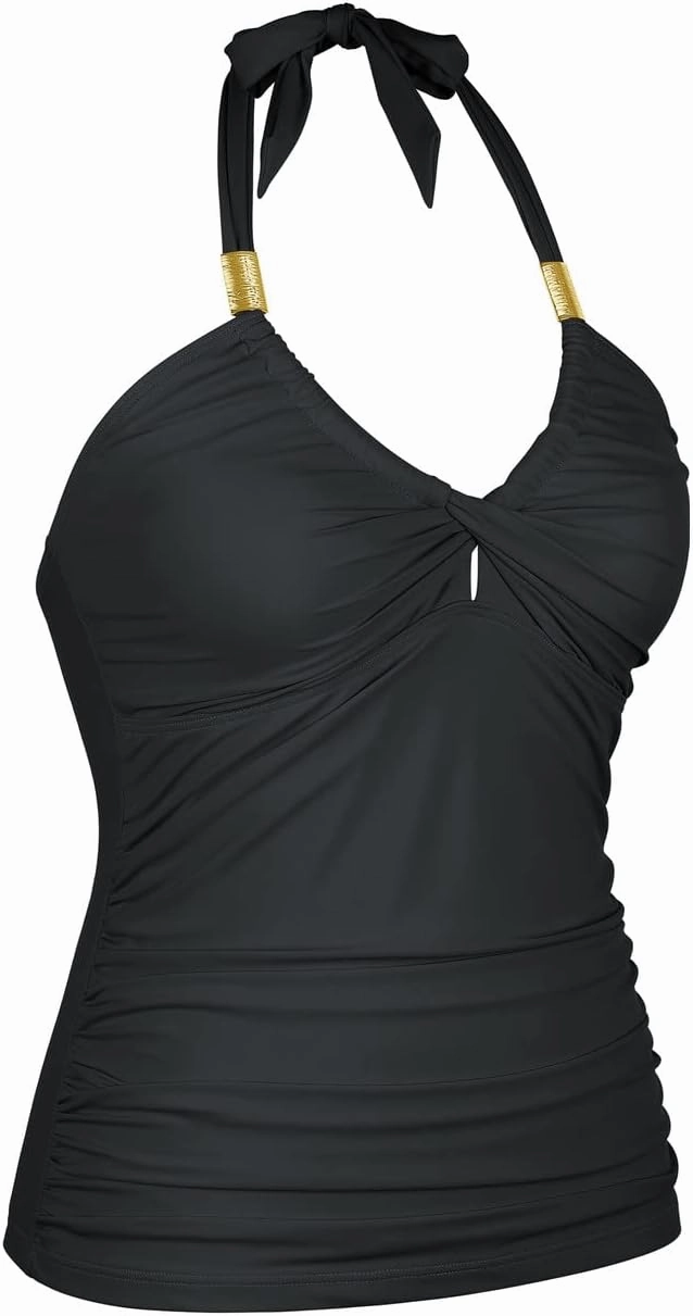 Hilor Women's Retro Halter Tankini Swimsuit Top Front Twist Swimwear Top Ruched Tummy Control Bathing Suit Tops