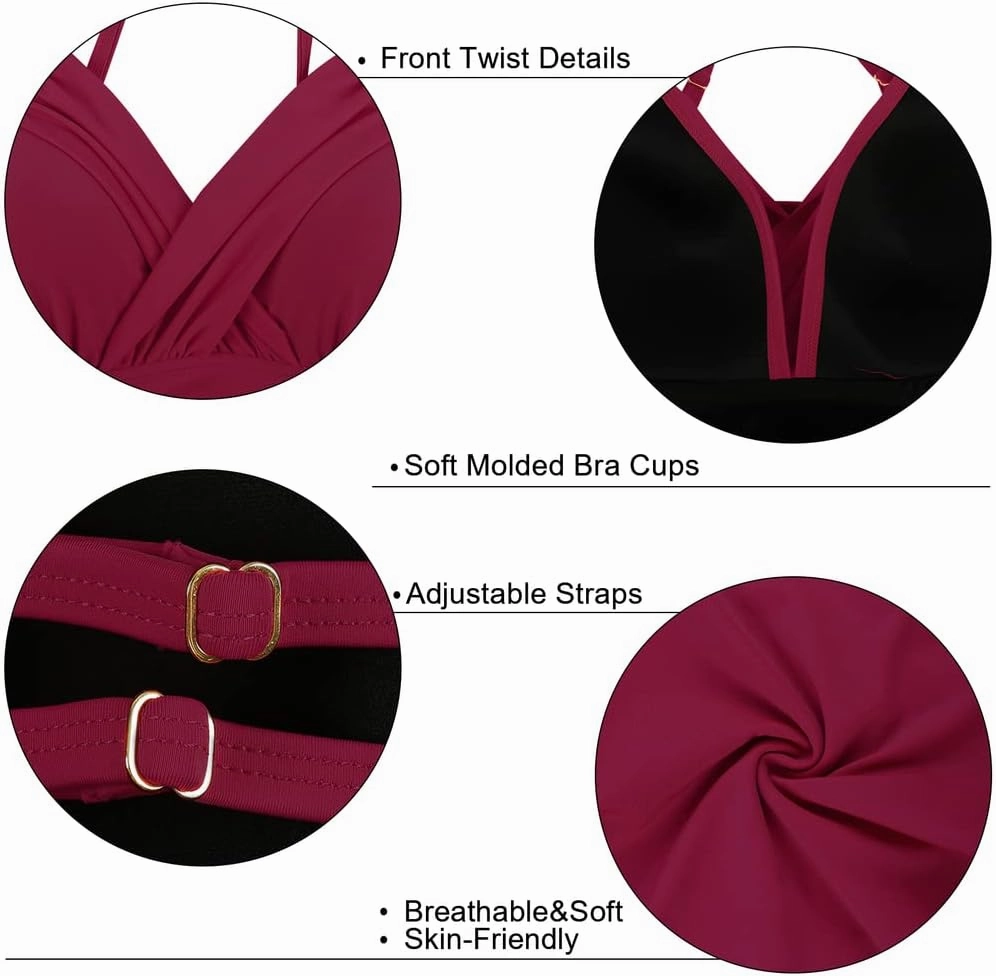 Hilor Women's Tankini Tops Ruched Swimsuits Tummy Control Swimwear Cross Wrap V Neck Bathing Suit Top Only