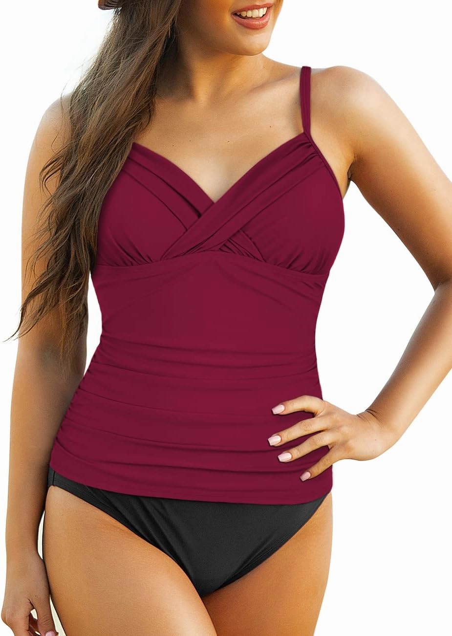 Hilor Women's Tankini Tops Ruched Swimsuits Tummy Control Swimwear Cross Wrap V Neck Bathing Suit Top Only