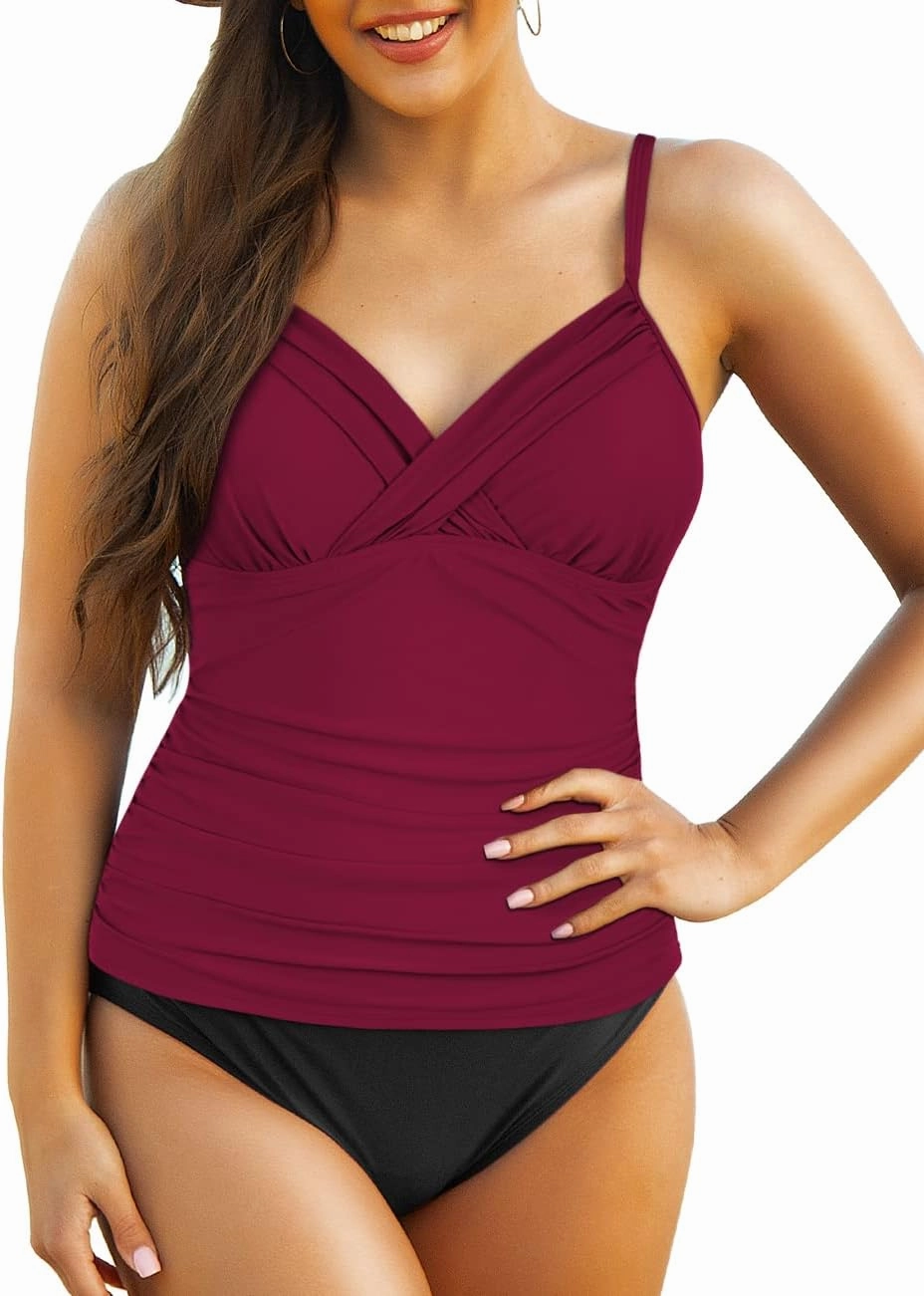 Hilor Women's Tankini Tops Ruched Swimsuits Tummy Control Swimwear Cross Wrap V Neck Bathing Suit Top Only