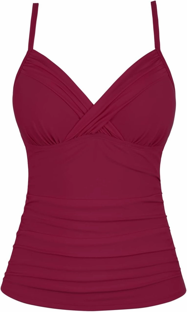 Hilor Women's Tankini Tops Ruched Swimsuits Tummy Control Swimwear Cross Wrap V Neck Bathing Suit Top Only