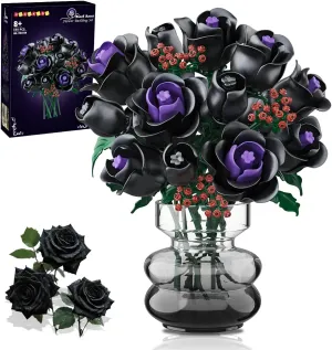HOGOKIDS Flowers Bouquet Building Set - 15 Black Roses Botanical Collection Building Blocks Artificial Flower Toy, 330PCS Gothic Home Office Decor Christmas Birthday Gift for Adults Kids Girls Age 8 