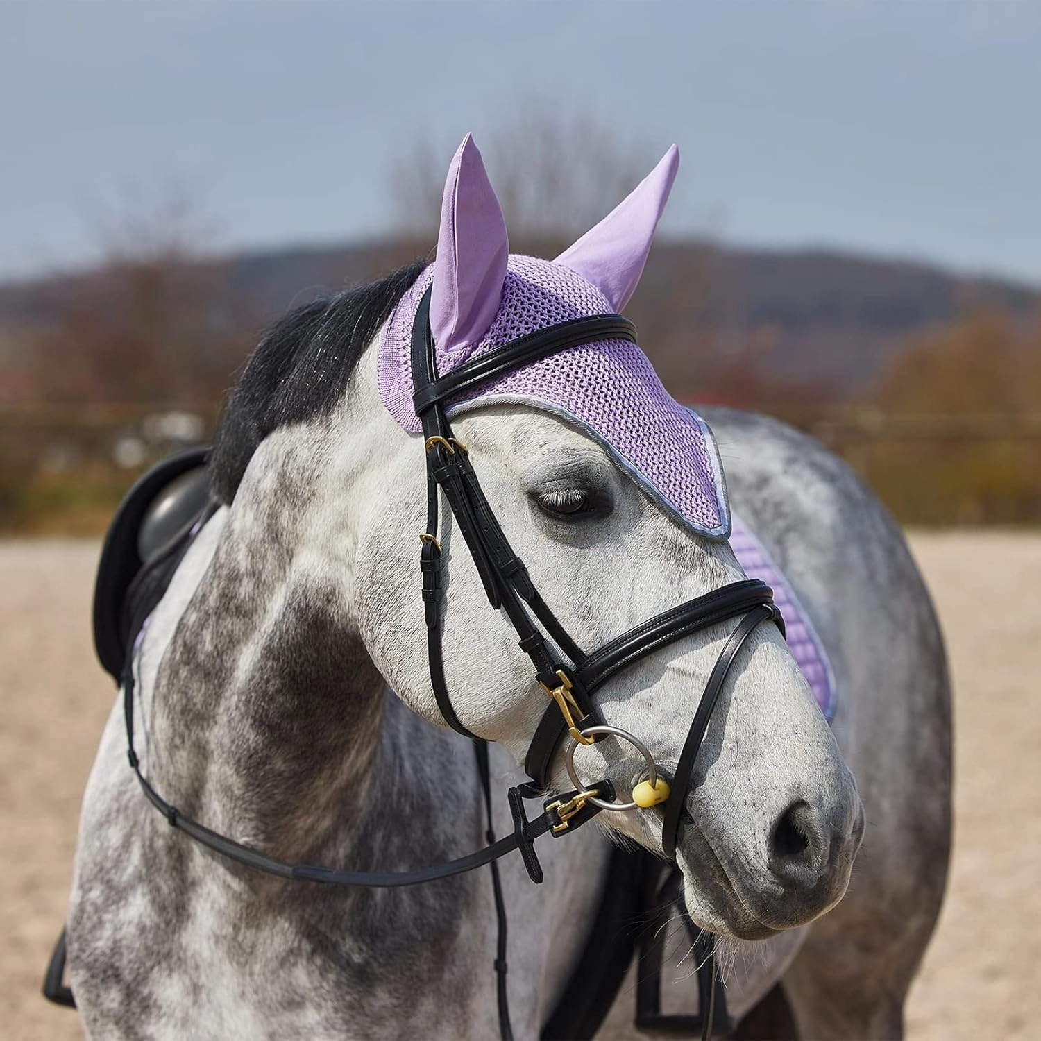 Horze Adepto Cotton Crochet Insect and Fly Protection Horse Ear Net with Cotton Ear Covers - Languid Lavender Purple - Horse