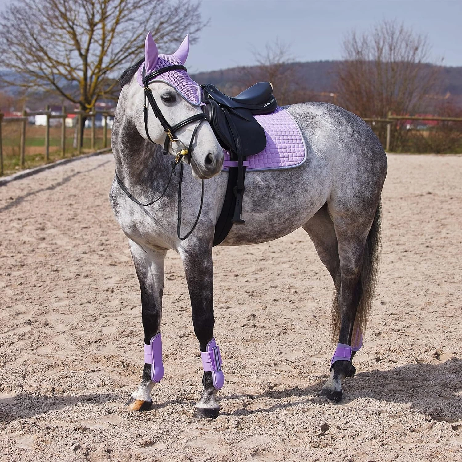 Horze Adepto Cotton Crochet Insect and Fly Protection Horse Ear Net with Cotton Ear Covers - Languid Lavender Purple - Horse