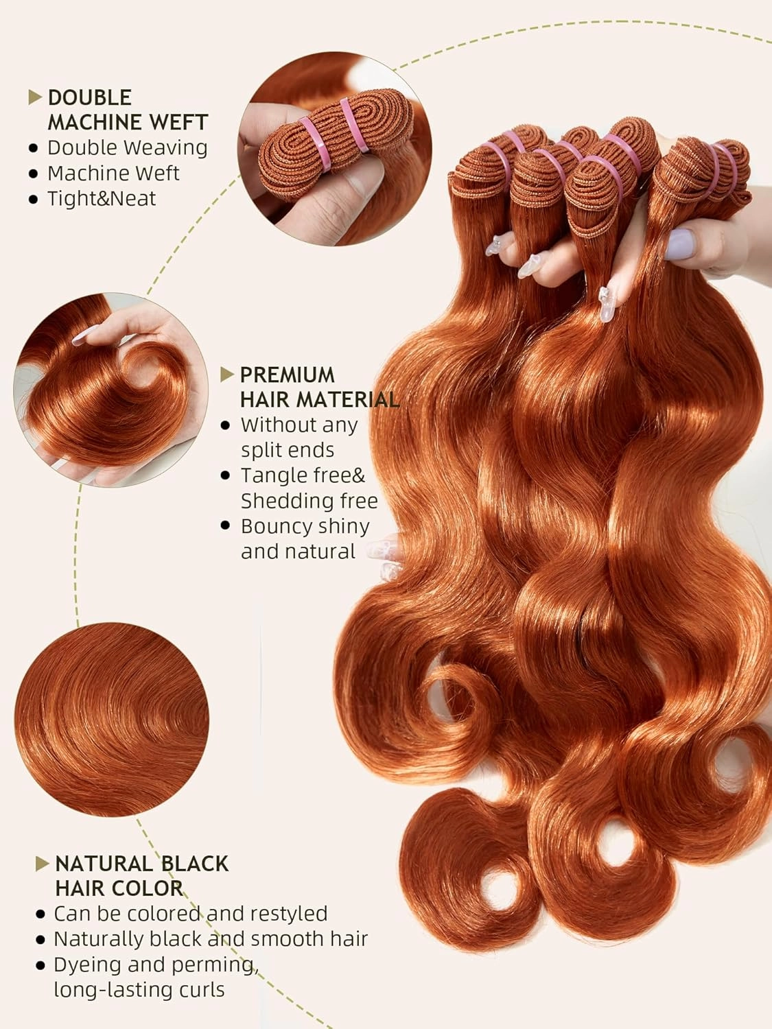 Human Hair Bundles 4 Bundles 16 18 20 22 Inch Hair Extensions Ginger Orange Body Wave Bundles Human Hair 100% Unprocessed Brazilian Virgin Hiar Quick Weave 350