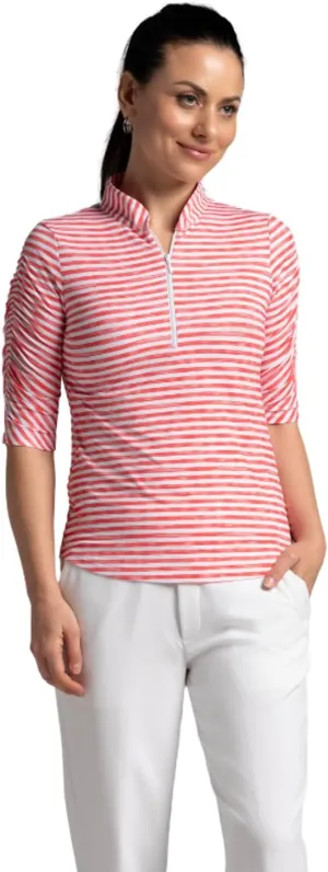 IBKUL Athleisure Wear Sun Protective UPF 50  Icefil Cooling Tech Landon Stripe II Print Ruched Elbow Sleeve Top - 41164