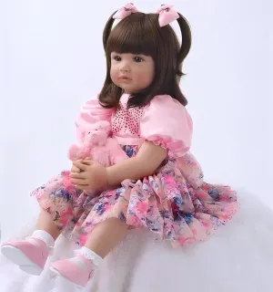 iCradle Cute 24 inch 60 CM Reborn Baby Doll Long Hair Girl Doll Soft Silicone Baby Real Life Baby Toddler Doll Toy for Ages 3  (F)