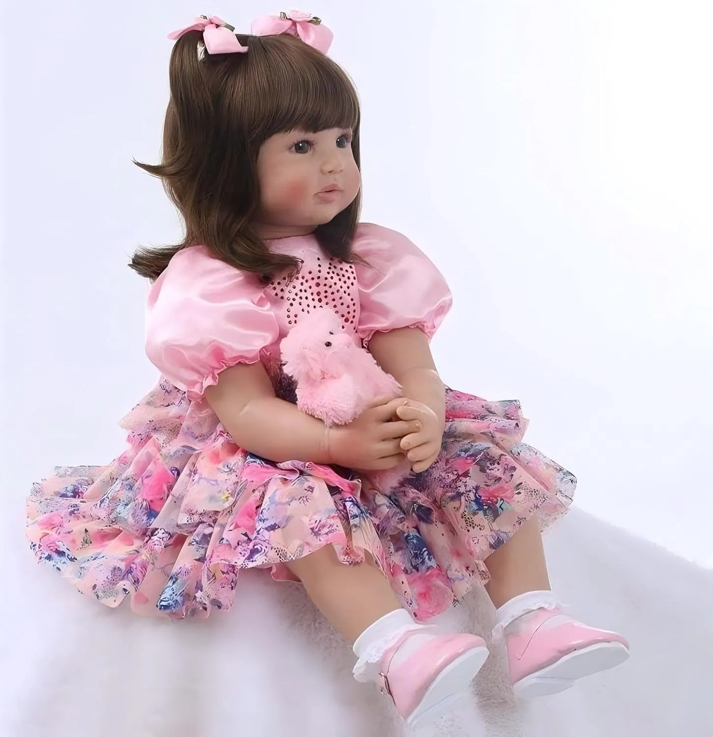 iCradle Cute 24 inch 60 CM Reborn Baby Doll Long Hair Girl Doll Soft Silicone Baby Real Life Baby Toddler Doll Toy for Ages 3  (F)