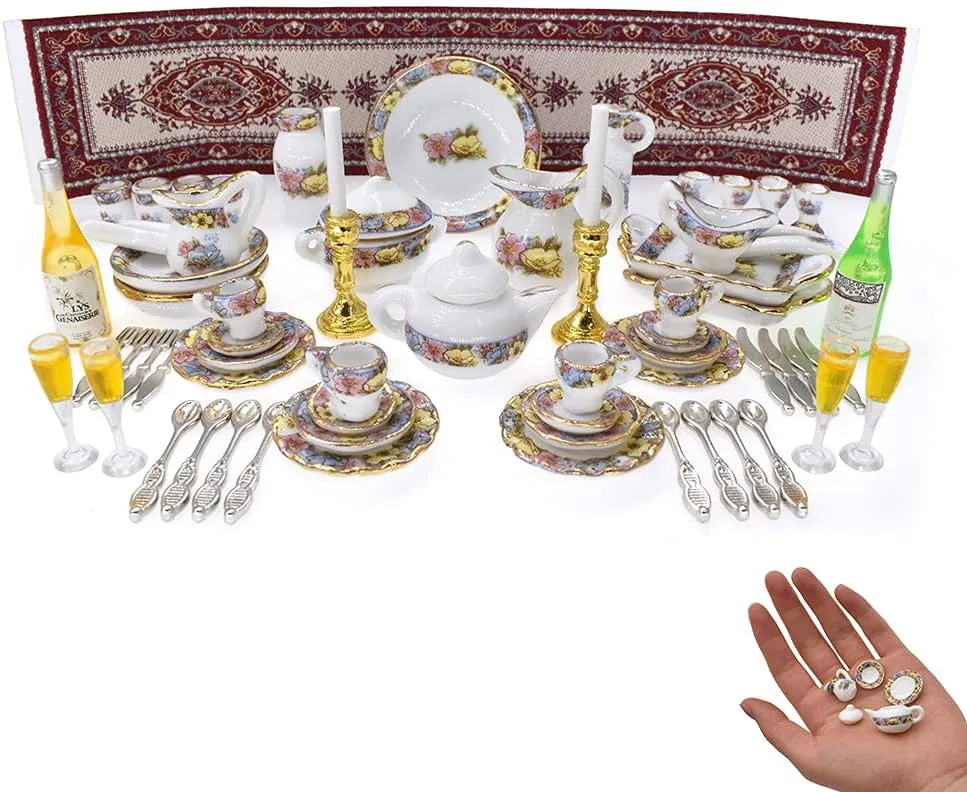 iLAND Dollhouse Accessories and Furniture Set, Tableware Set Dollhouse Dishes Mini Tea Cups Miniature Tea Sets Porcelain 1/12 Scale Accessories (Elegant)