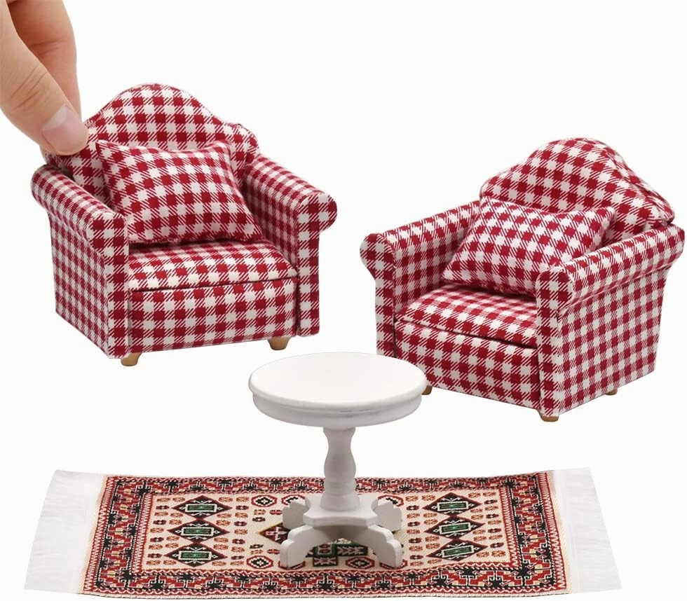 iLAND Dollhouse Furniture on 1/12 Scale incl 2 Miniature Sofas w/ 2 Pillows & End Table & Rug, Kids Toys for Girls (Red White Gingham Armchairs Set)