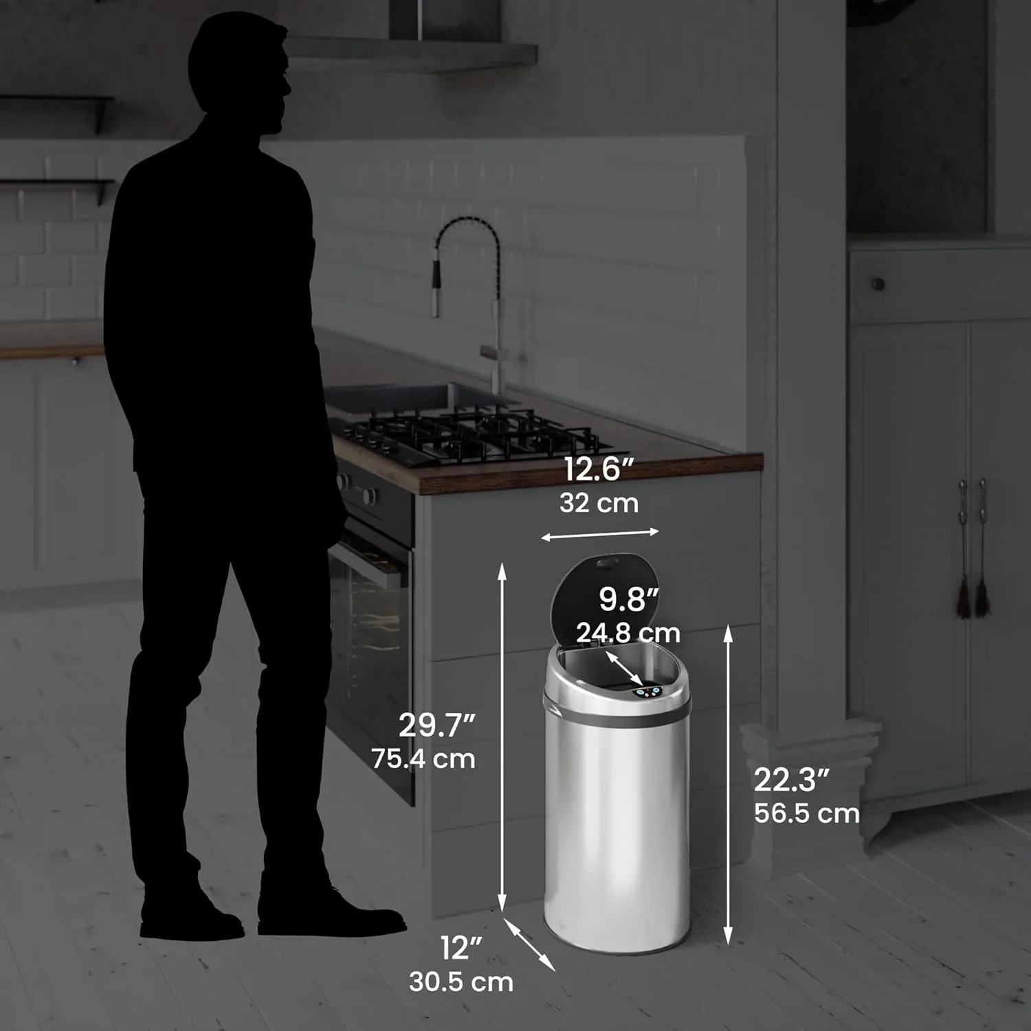 iTouchless 8 Gallon Touchless Kitchen Trash Odor Control System, Stainless Steel, Round Garbage Bin for Home or Office, Sensor Can, 08 Gallon