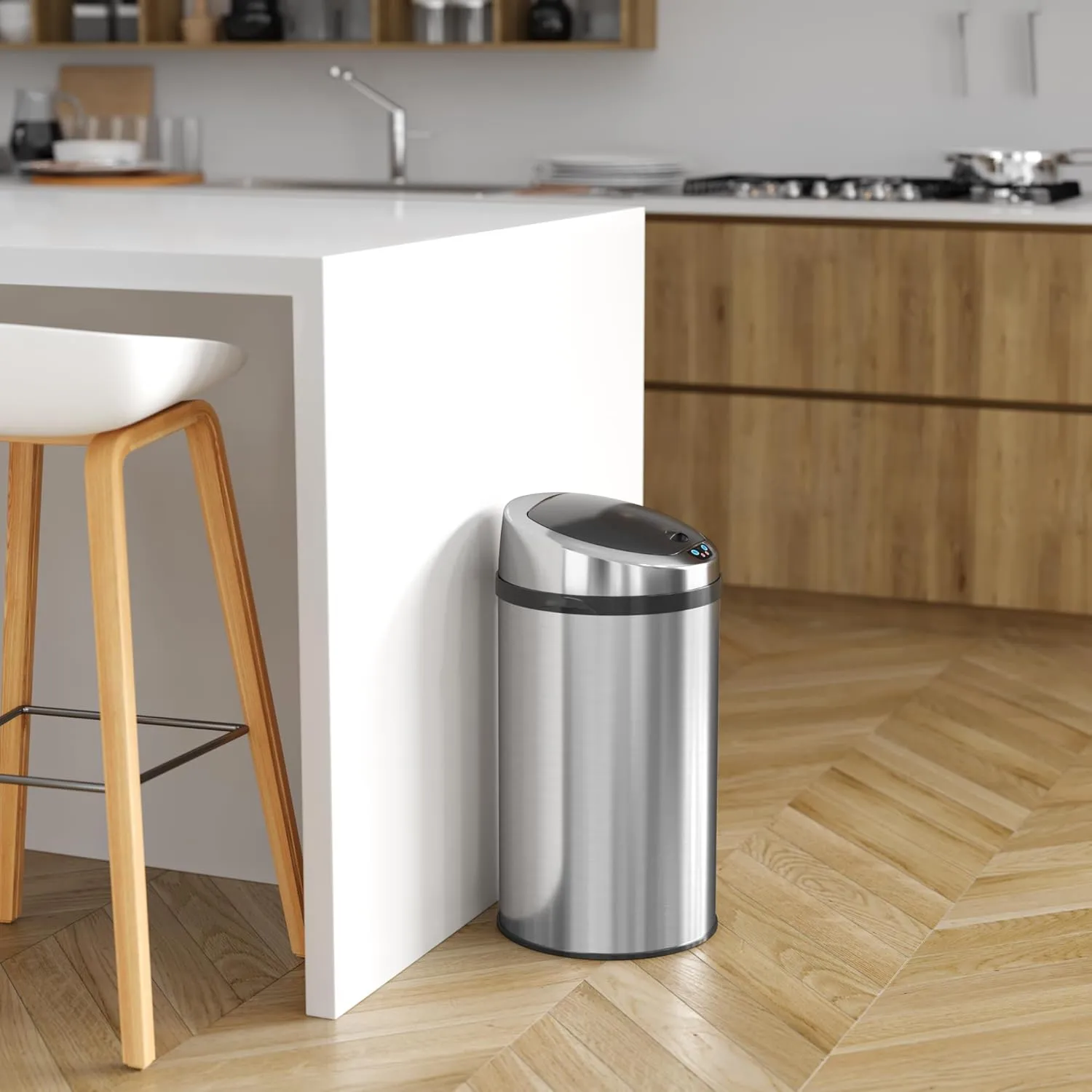 iTouchless 8 Gallon Touchless Kitchen Trash Odor Control System, Stainless Steel, Round Garbage Bin for Home or Office, Sensor Can, 08 Gallon