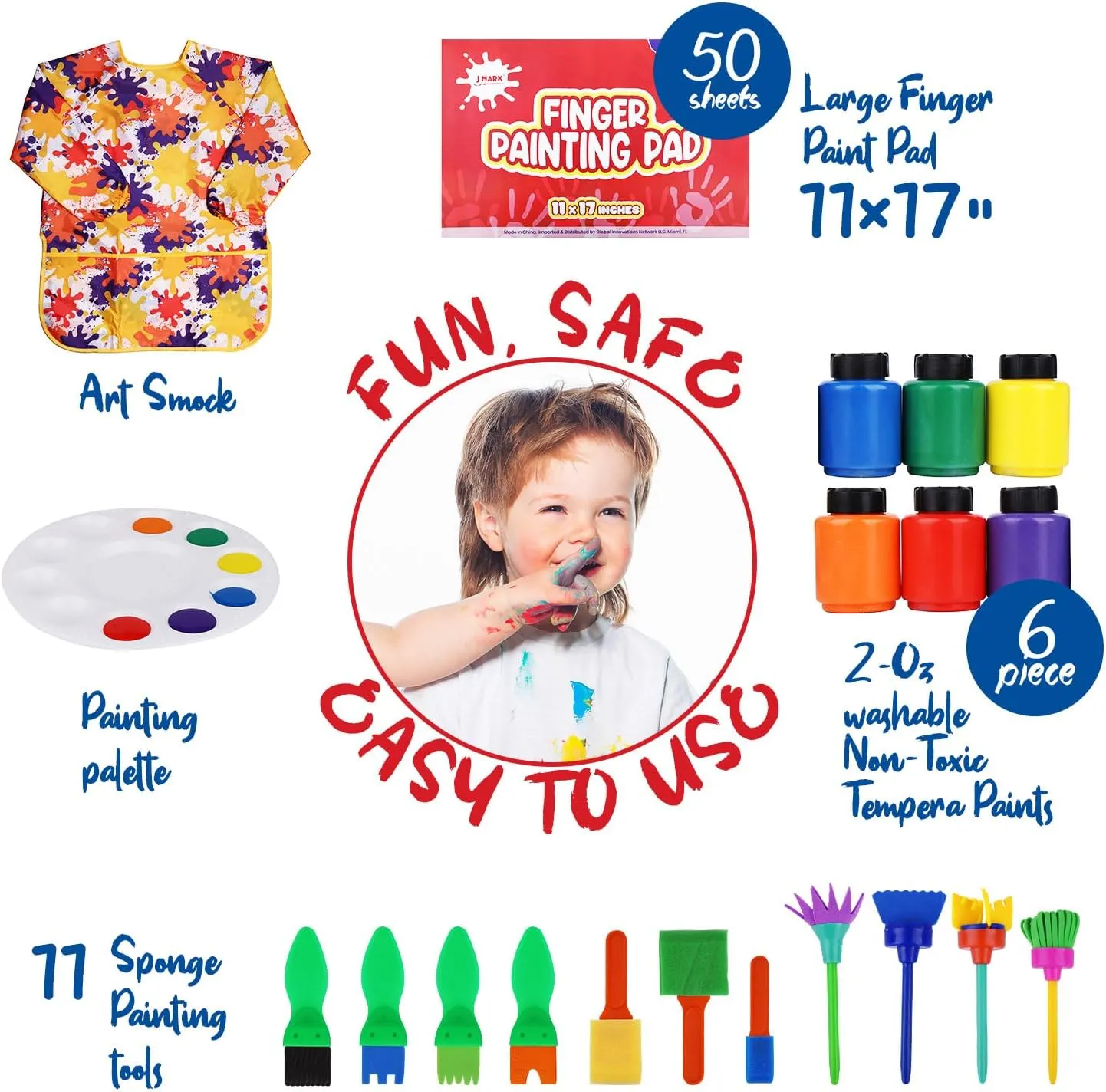 J MARK Complete Toddler Washable Finger Paint Set, Sponge Painting Tools, Large Finger Paint Pad, Tempera Finger Paints, Smock and More