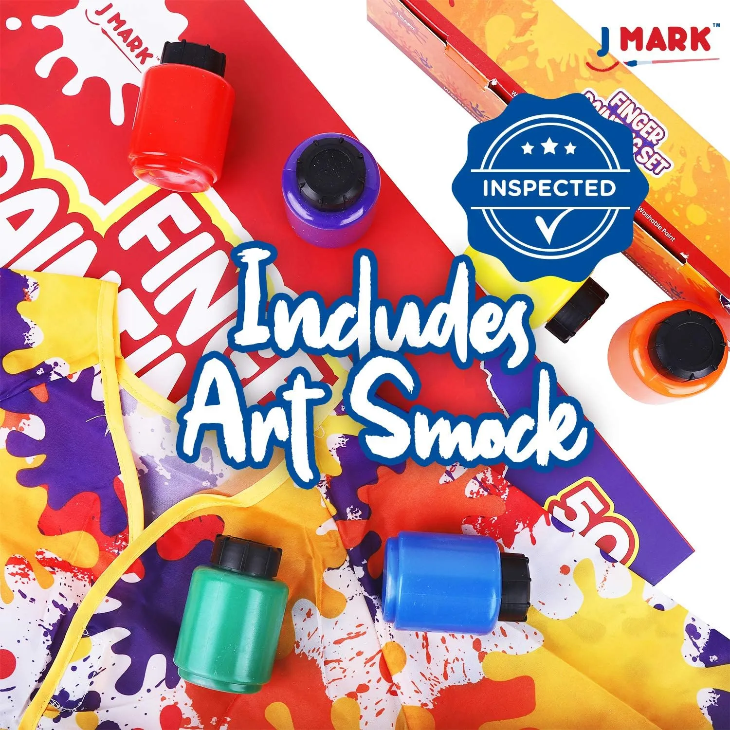 J MARK Complete Toddler Washable Finger Paint Set, Sponge Painting Tools, Large Finger Paint Pad, Tempera Finger Paints, Smock and More
