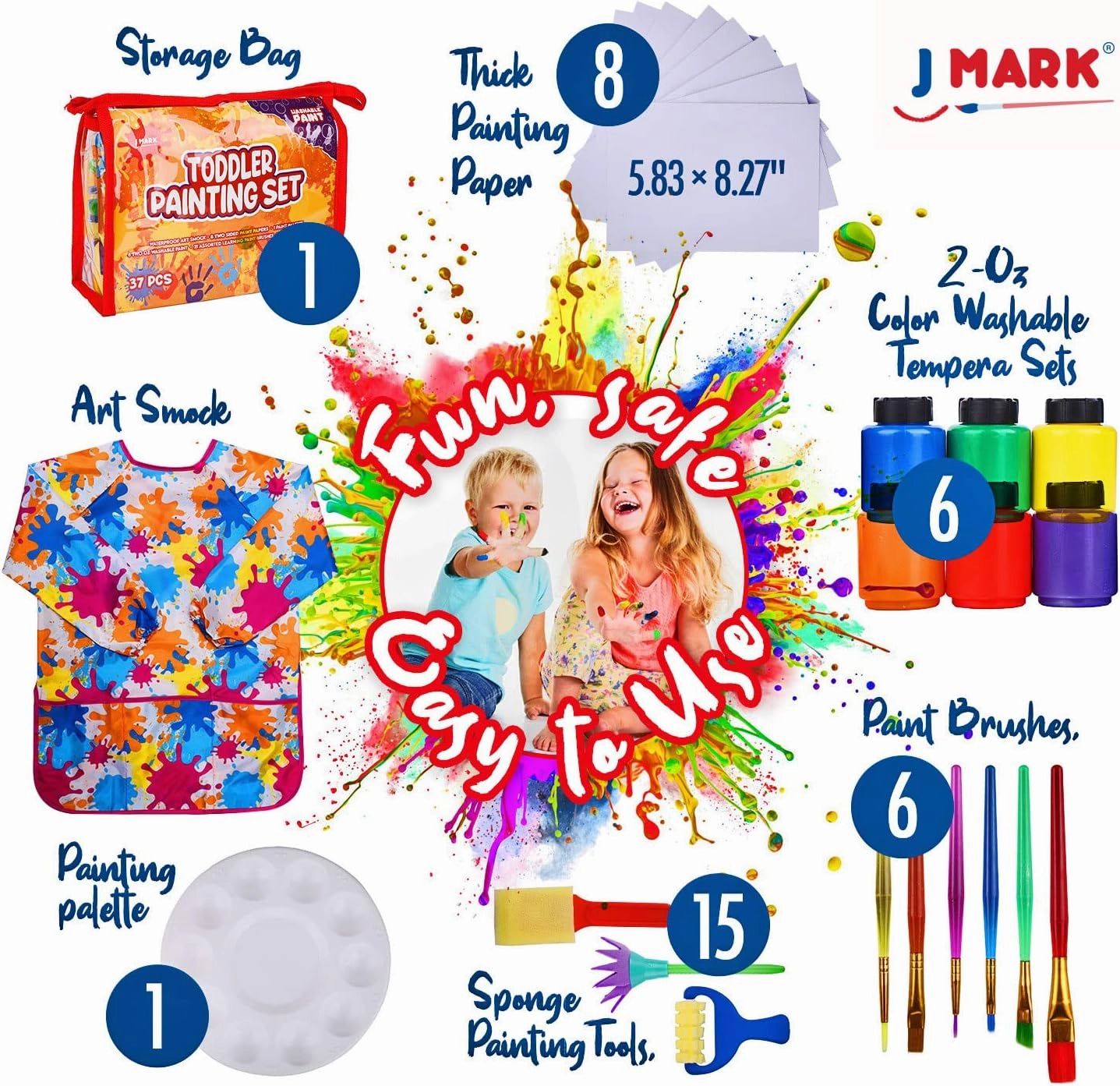 J MARK Toddler Painting Set – 38-Piece Set with Art Smock, 6 Washable Tempera Paints, Painting Paper, Brushes, Sponges, Painting Tools and Palette (Colors)