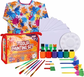 J MARK Toddler Painting Set – 38-Piece Set with Art Smock, 6 Washable Tempera Paints, Painting Paper, Brushes, Sponges, Painting Tools and Palette (Colors)