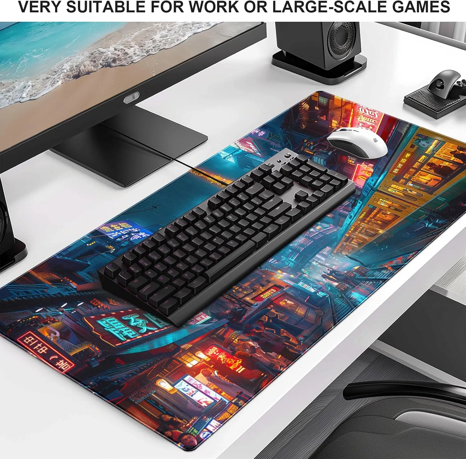 Japanese Anime Retro Street Mouse Pad, City Night Scene Anti Slip Base and Stitched Edge Mouse Pad, Suitable for Home and Study Mouse Pads 35.4 x 15.7 Inches