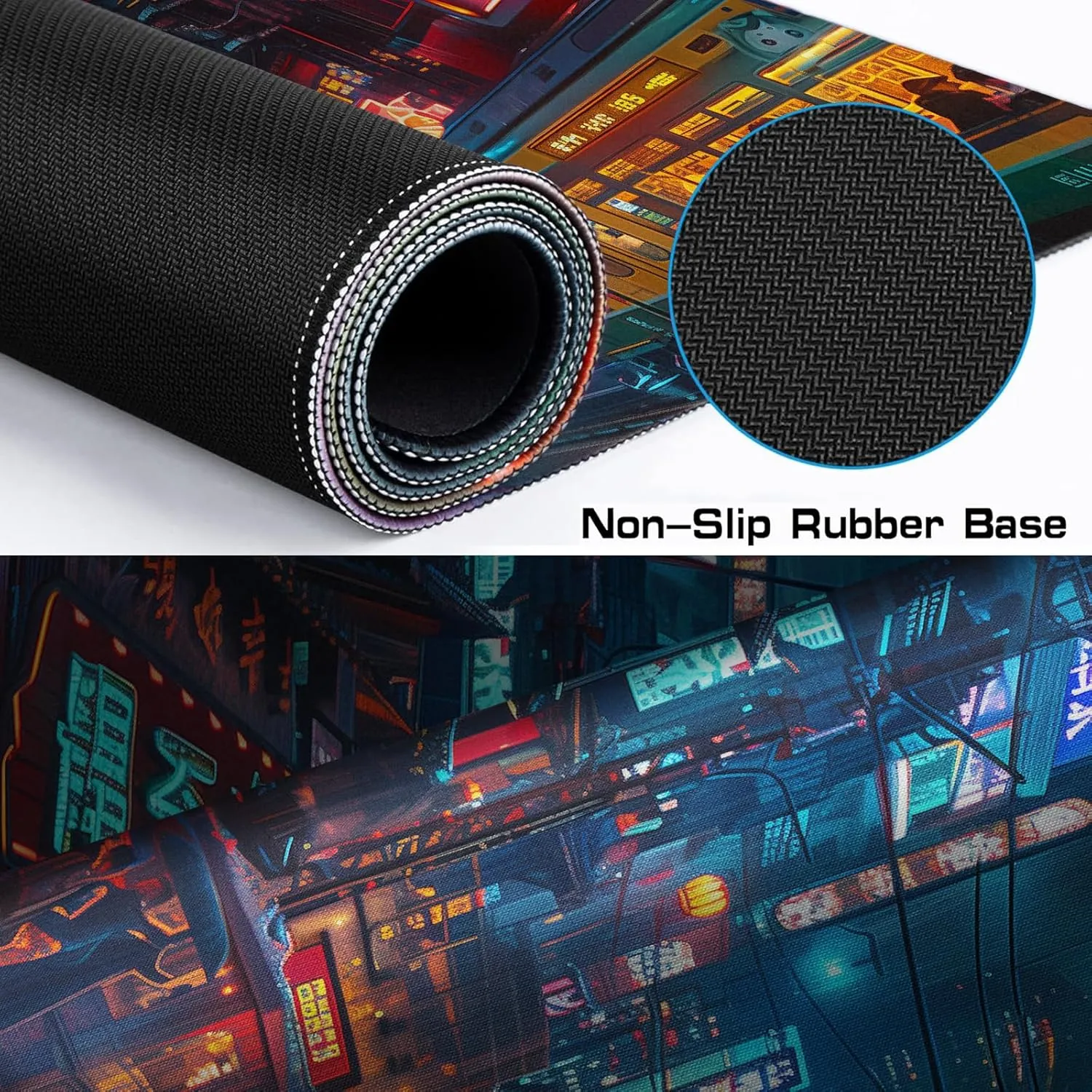 Japanese Anime Retro Street Mouse Pad, City Night Scene Anti Slip Base and Stitched Edge Mouse Pad, Suitable for Home and Study Mouse Pads 35.4 x 15.7 Inches