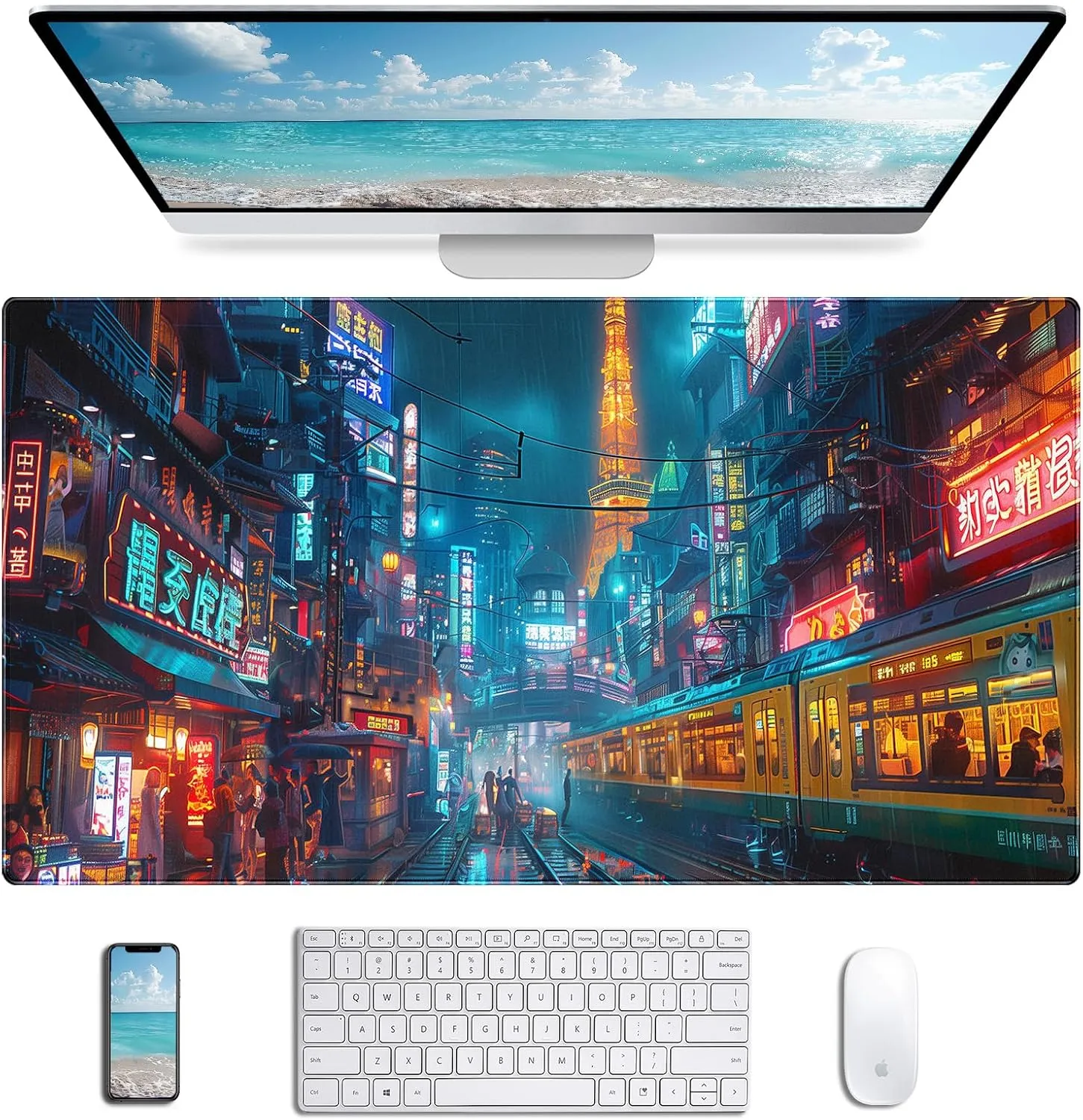 Japanese Anime Retro Street Mouse Pad, City Night Scene Anti Slip Base and Stitched Edge Mouse Pad, Suitable for Home and Study Mouse Pads 35.4 x 15.7 Inches