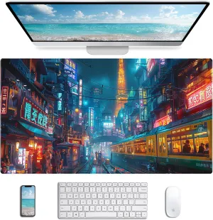 Japanese Anime Retro Street Mouse Pad, City Night Scene Anti Slip Base and Stitched Edge Mouse Pad, Suitable for Home and Study Mouse Pads 35.4 x 15.7 Inches
