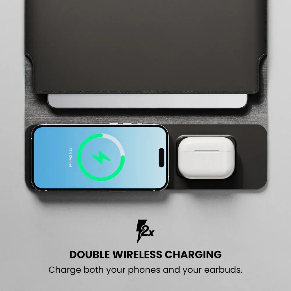 Jenoss 4 in 1 Wireless Sleeve 13"-14", Desktop Charging Mat for Laptop, Multipurpose Sleeve Plus Mousepa, Travel Laptop Case, Phone and Earbuds Charging Pad, Desk Pad (Black)