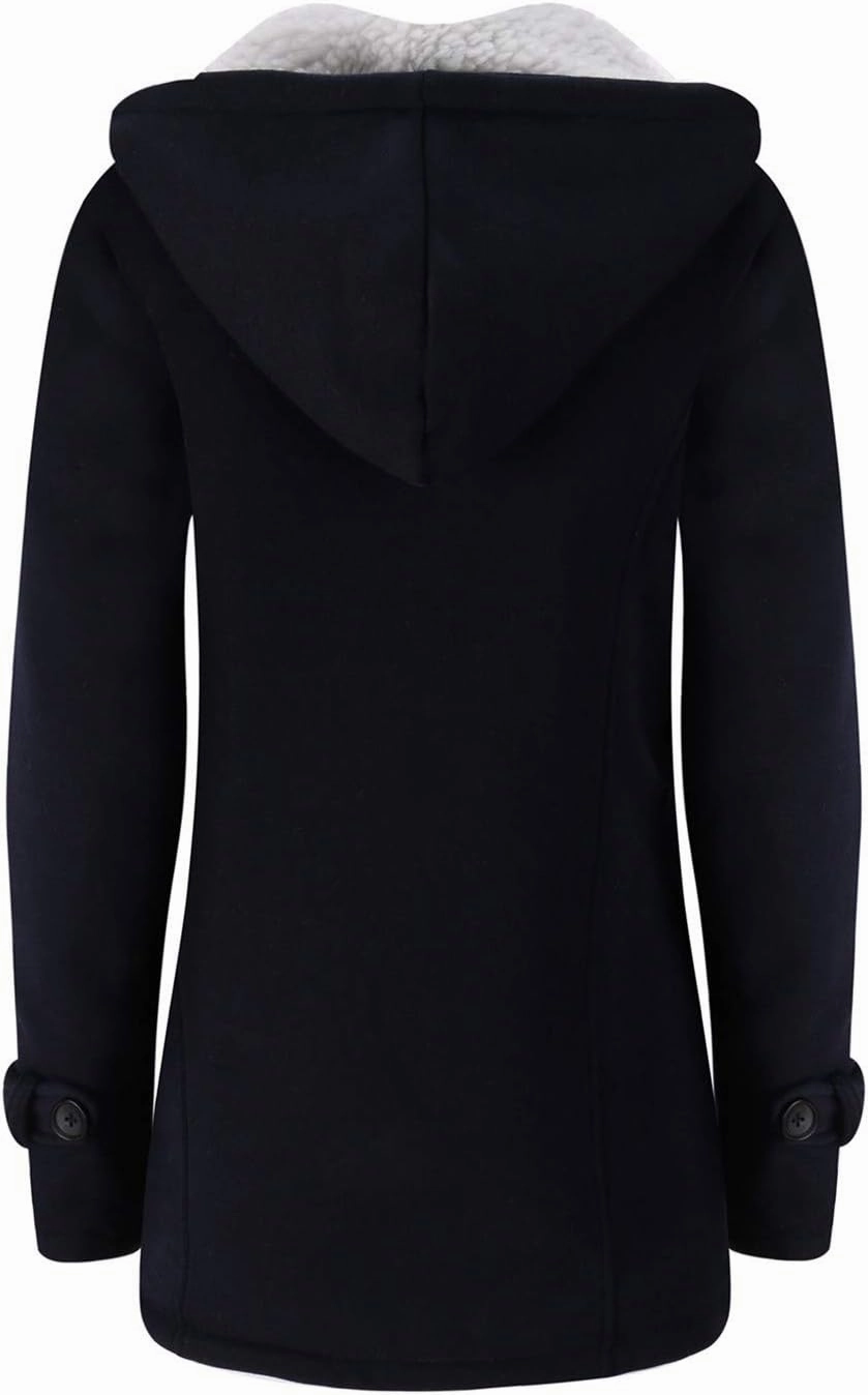 JiangWu Womens Fashion Horn Button Fleece Thicken Coat with Hood Winter Warm Jacket
