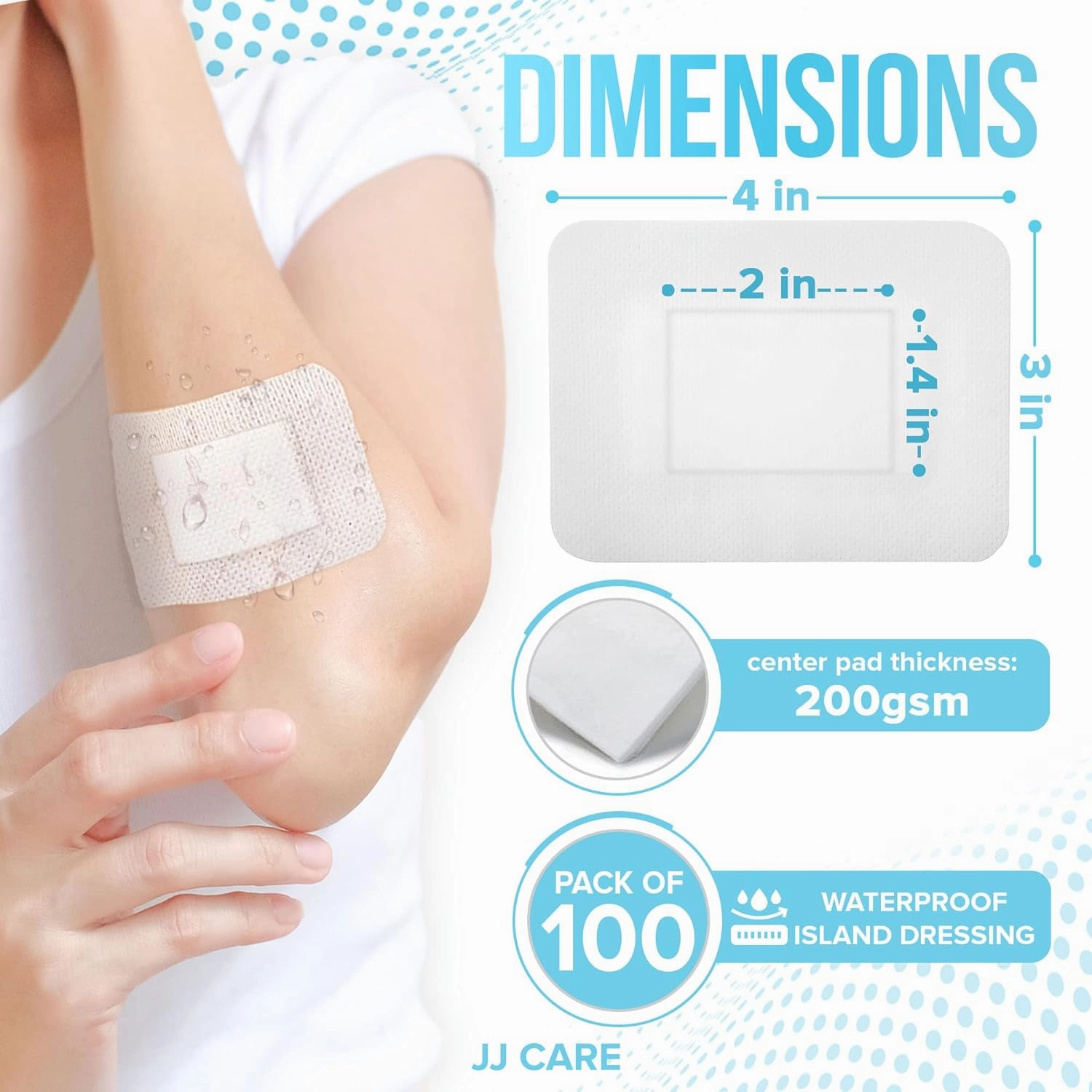 JJ CARE Waterproof Adhesive Island Dressing [Pack of 100], 3" x 4" Sterile Bordered Gauze, Breathable Island Wound Dressing, Individually Wrapped Adhesive Gauze Bandages with Non-Stick Central Pad