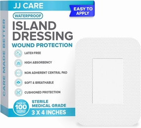 JJ CARE Waterproof Adhesive Island Dressing [Pack of 100], 3" x 4" Sterile Bordered Gauze, Breathable Island Wound Dressing, Individually Wrapped Adhesive Gauze Bandages with Non-Stick Central Pad