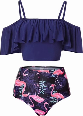 Kaei&Shi High Waisted Flounce Bikini Set,Tummy Control Swimsuits for Women,Off Shoulder