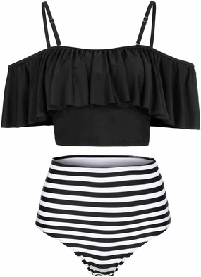 Kaei&Shi High Waisted Flounce Bikini Set,Tummy Control Swimsuits for Women,Off Shoulder
