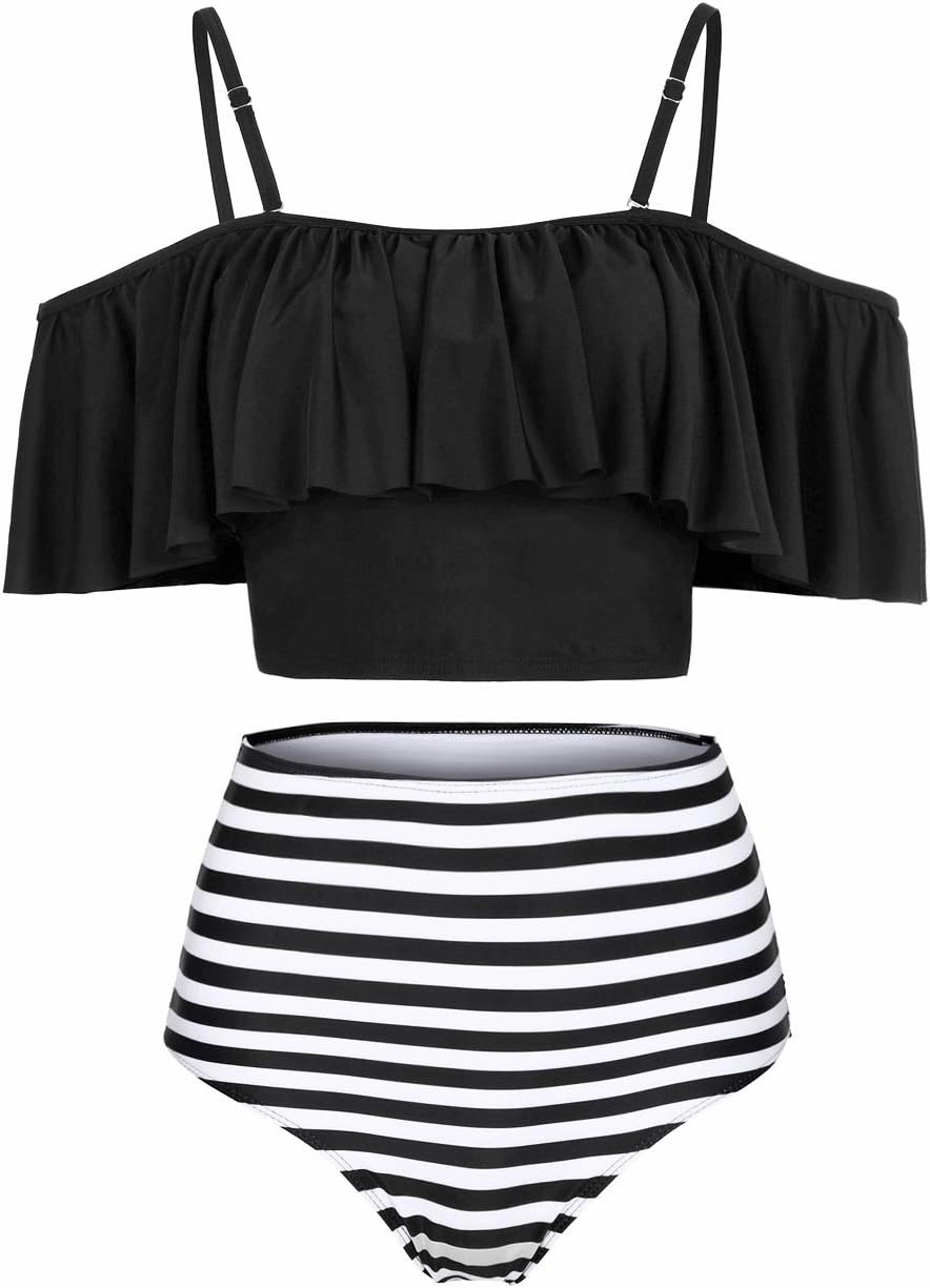 Kaei&Shi High Waisted Flounce Bikini Set,Tummy Control Swimsuits for Women,Off Shoulder