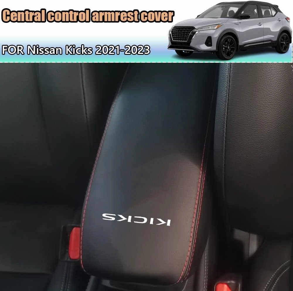 Kakash Custom Interior Accessories for Nissan Kicks 2021 2022 2023 Leather Center Console Cover Armrest Pad,Waterproof Anti-Scratch Protector Your Armrest(White Stitches)