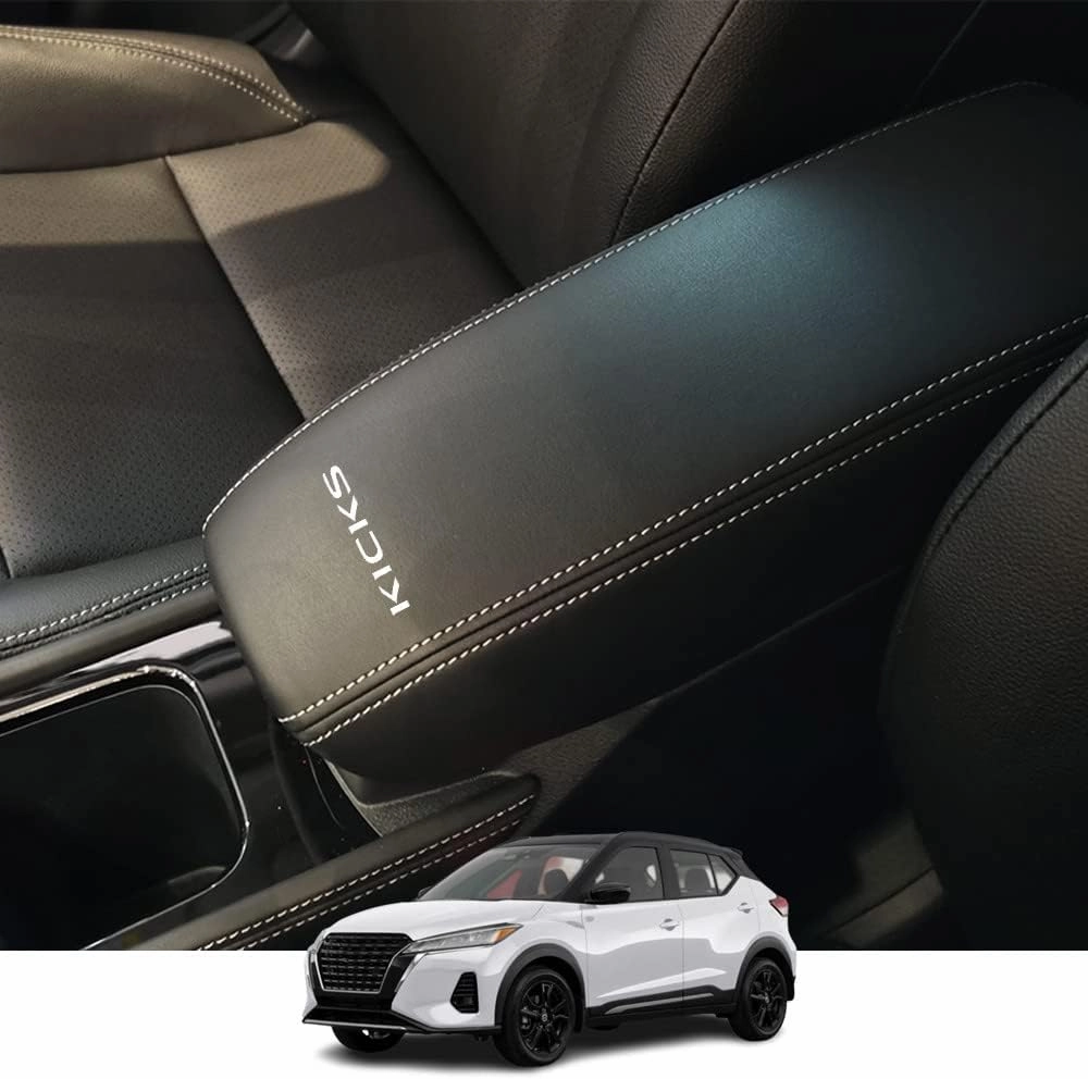 Kakash Custom Interior Accessories for Nissan Kicks 2021 2022 2023 Leather Center Console Cover Armrest Pad,Waterproof Anti-Scratch Protector Your Armrest(White Stitches)