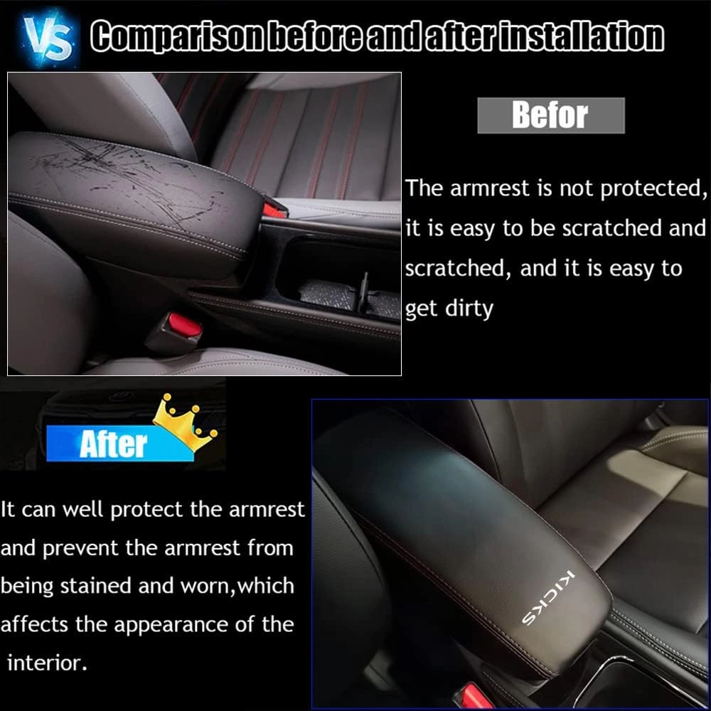 Kakash Custom Interior Accessories for Nissan Kicks 2021 2022 2023 Leather Center Console Cover Armrest Pad,Waterproof Anti-Scratch Protector Your Armrest(White Stitches)