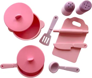 Kids Kitchen Silicone Pretend Toys - 9 PC Pink Play Kitchen Accessory Set - Food Grade Kids Cookware - Pretend Play Set