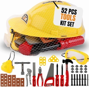 Kids Handyman Tools Toy Set, 52 PCS Mechanic Pretend Play Construction Playset with Hard Hat, Nuts, Bolts - Realistic Plastic Toddler Children Accessories for Workbench