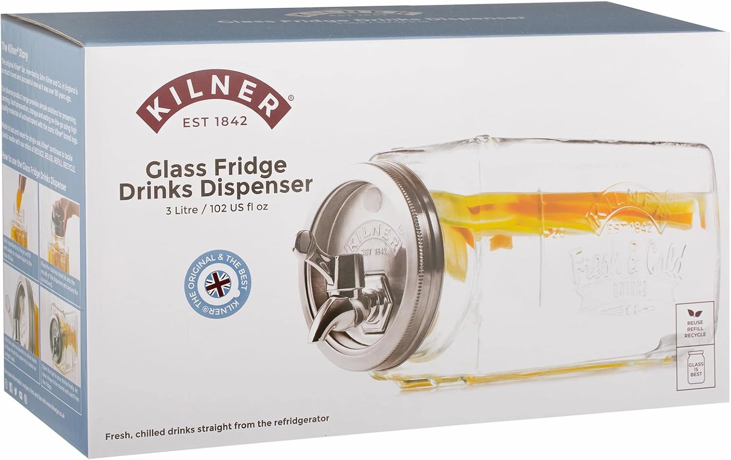 Kilner 3 Litre Glass Fridge Drinks Dispenser Space-Saving Design with Measuring Scale for Daily Water Tracking Airtight Tap for Juices, Flavoured Waters & Cold Drinks