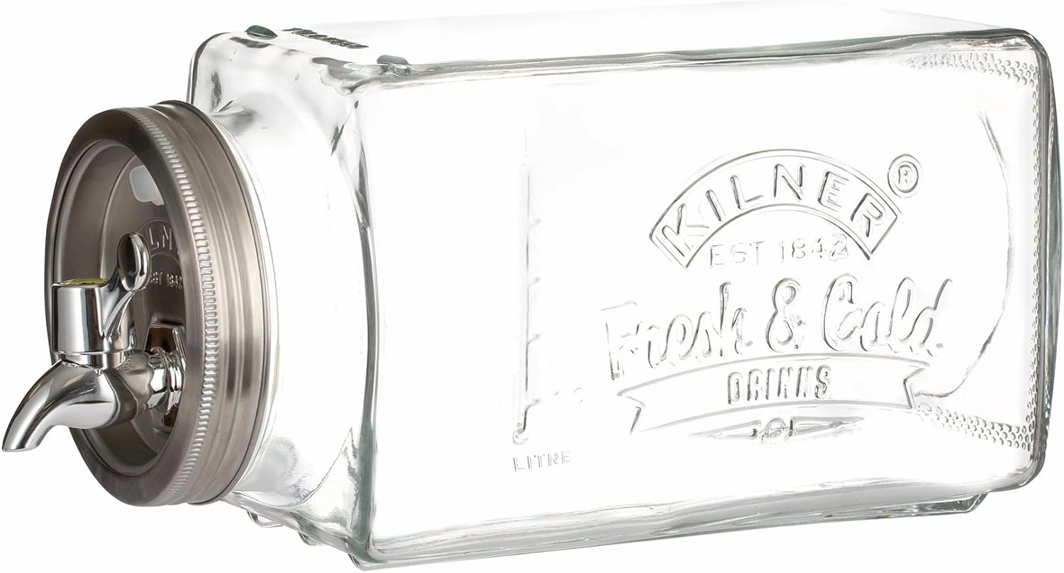 Kilner 3 Litre Glass Fridge Drinks Dispenser Space-Saving Design with Measuring Scale for Daily Water Tracking Airtight Tap for Juices, Flavoured Waters & Cold Drinks