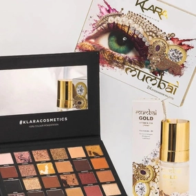 Klara Cosmetics Mumbai Beauty Set - Exquisite Eyeshadow Palette, Luxurious Gold Body Spray Duo