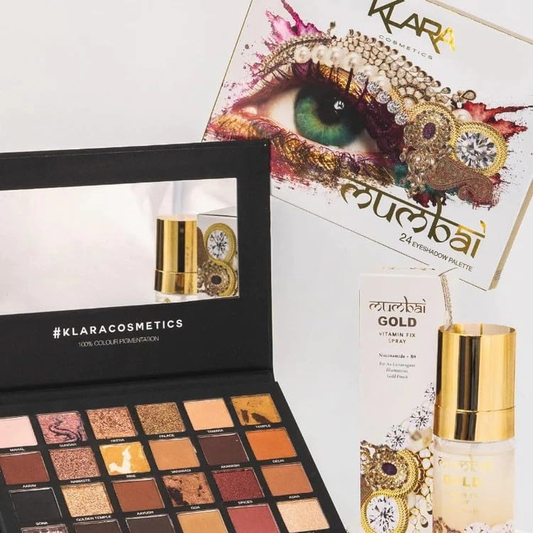 Klara Cosmetics Mumbai Beauty Set - Exquisite Eyeshadow Palette, Luxurious Gold Body Spray Duo