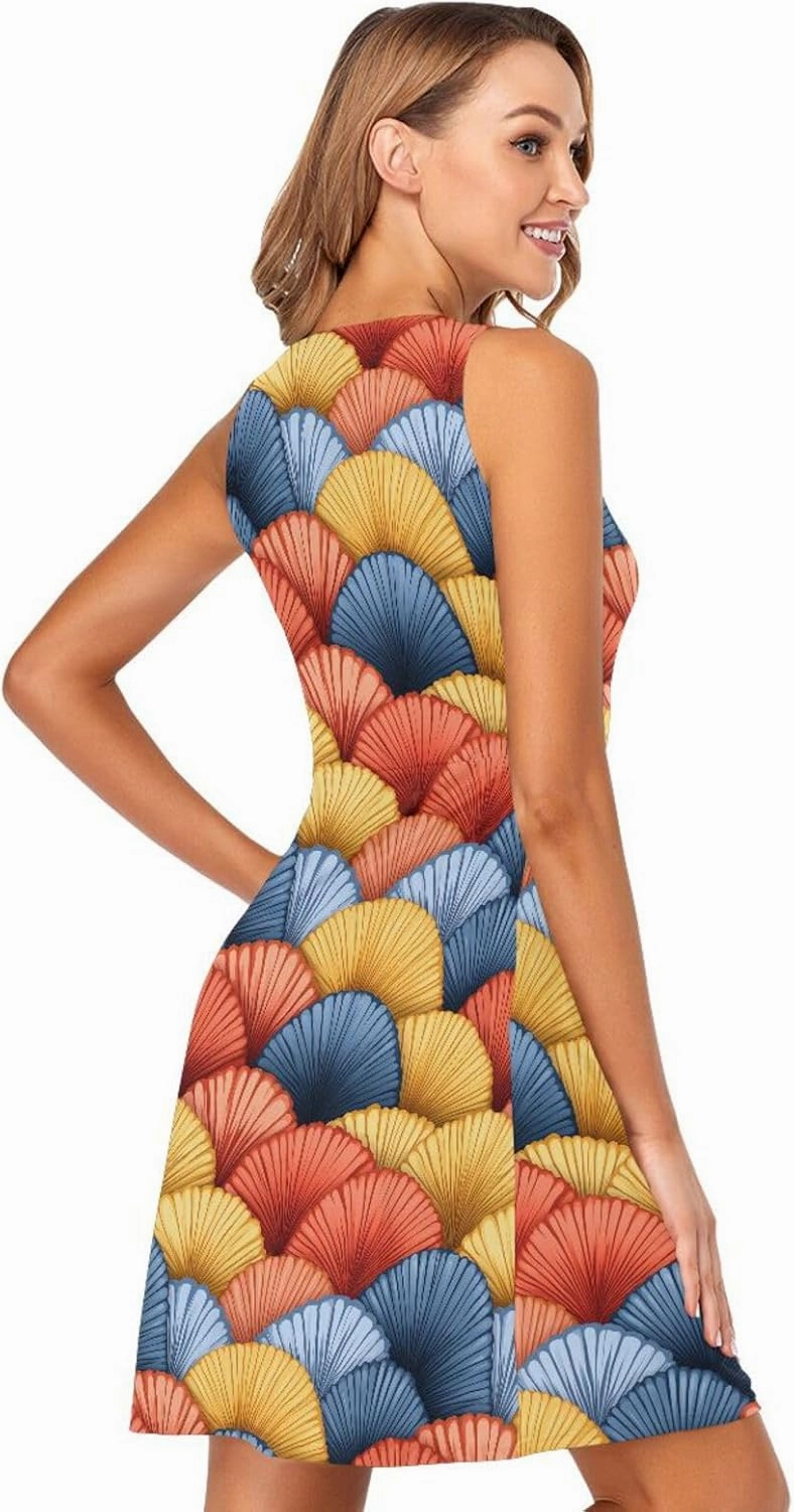 KLL Hand Drawn Cute Japanese Fans Women Tank Midi Dress Swing A-Line Holiday Flowy Sundress Casual