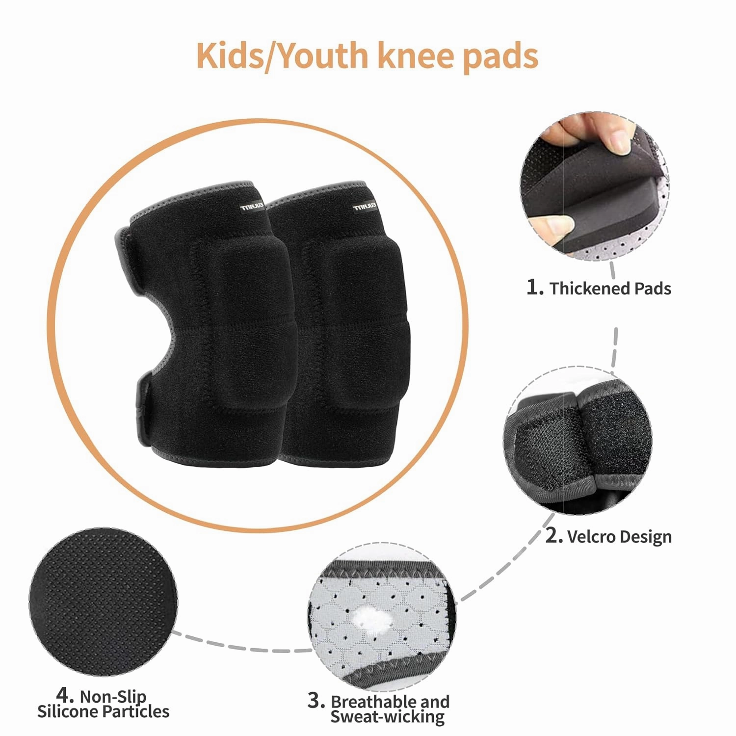 Knee Pads Elbow Pads Set for Kids, Youth Adjustable Knee Elbow Pads Protective Sets with Thickened SBR Pads for Riding Rollerblading Skating Skateboarding Snowboarding Volleyball(Black)