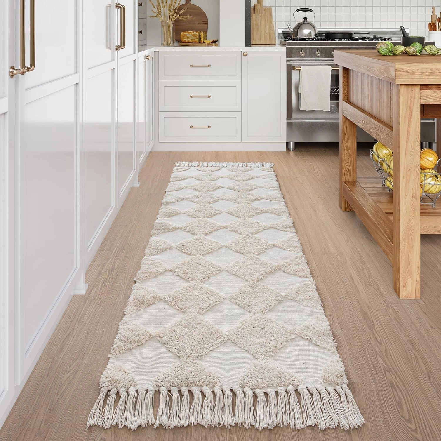 Lahome Boho Checkered Carpet Runners for Hallway 8ft, Beige Farmhouse Kitchen Rug Runner, Washable Cotton Tufted Hallway Runner Rug Bohemian Rug Throw Carpet Runner for Porch Bedroom Living Room