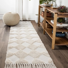 Lahome Boho Checkered Carpet Runners for Hallway 8ft, Beige Farmhouse Kitchen Rug Runner, Washable Cotton Tufted Hallway Runner Rug Bohemian Rug Throw Carpet Runner for Porch Bedroom Living Room